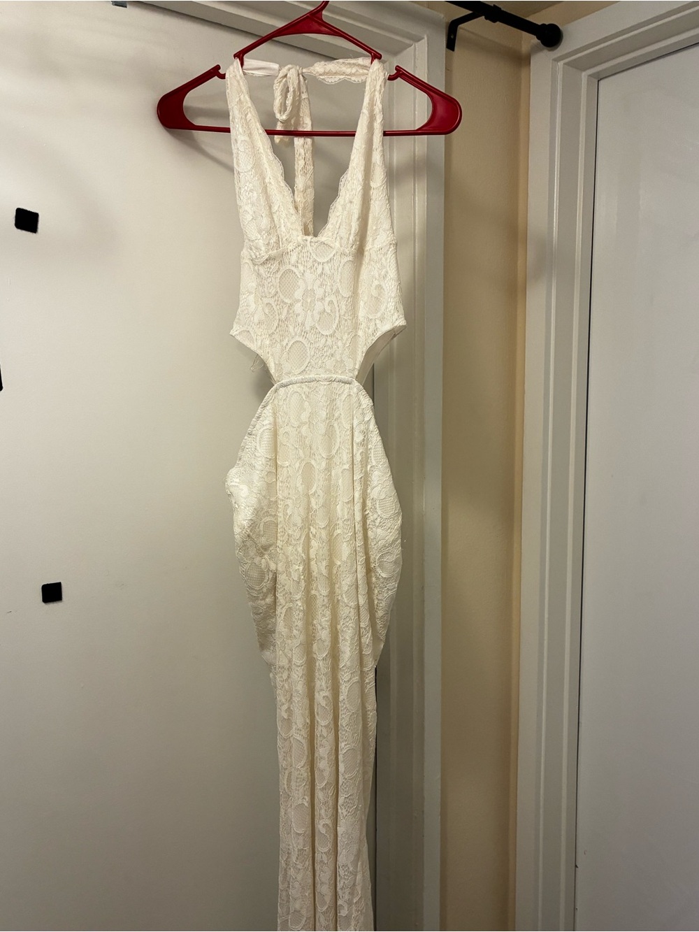 White Lace Fashion Nova Graduation Dress with Cut Out Sides and Halter Tie Top